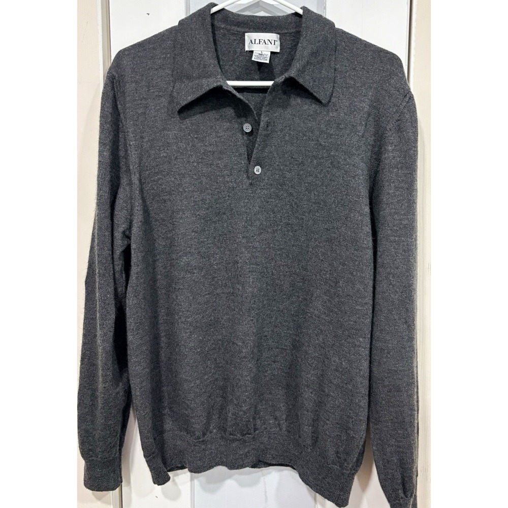 Alfani Men's L Gray Wool Knit Collared Button Placket Pullover Sweater